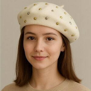 Vintage 70s 60s Cream Ivory Wool Studded Jewel Beret Hat Women's Czechoslovakia